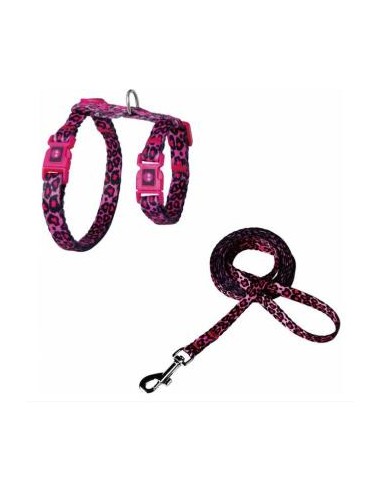 ARNES + TIRADOR DE NYLON P/ GATO DOCO -ANIMAL PRINT ROSA- REF DCAT2022072