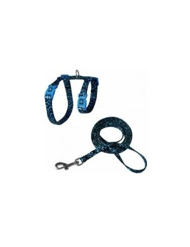 ARNES + TIRADOR DE NYLON P/ GATO DOCO -ANIMAL PRINT AZUL- REF DCAT2022072