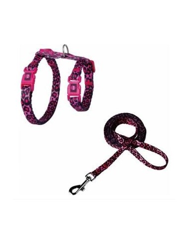 ARNES + TIRADOR DE NYLON P/ GATO DOCO -ANIMAL PRINT ROSA- REF DCAT2022072